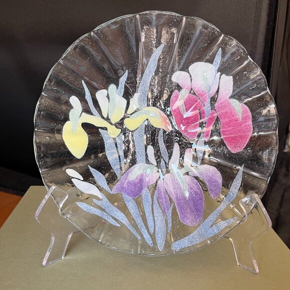 Vtg Sydenstricker Fused Art Glass Iris Floral Ruffled Edge 8" Trinket Bowl Plate - Picture 1 of 11